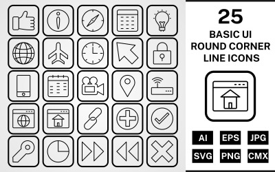 25 Ensemble d&amp;#39;icônes noir de ligne de coin rond de l&amp;#39;interface utilisateur de base