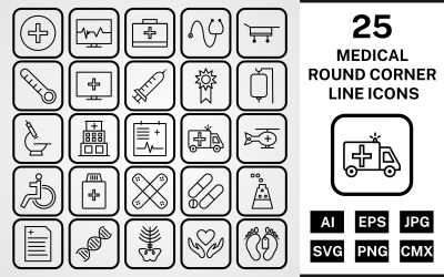 25 medicinska runda hörnlinjen svart ikonuppsättning