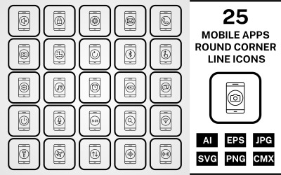 25 Mobil Uygulamalar Yuvarlak Köşe Çizgisi Siyah Simge Seti