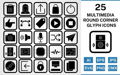 25 Multimedia Runde Ecke Glyphe Schwarz Icon Set