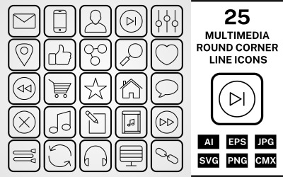 25 Multimedia Round Corner Line Black Icon Set