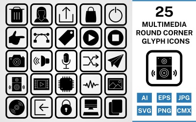 25 Multimedialny zestaw ikon z okrągłym rogiem glifów w kolorze czarnym