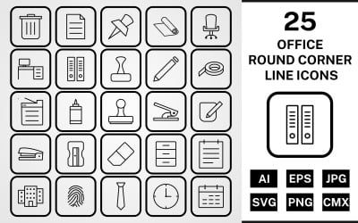 25 Office Round Corner Line Black Icon Set