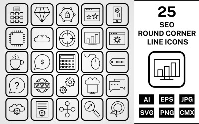 25 Seo Round Corner Line Czarny zestaw ikon