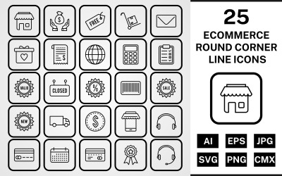 25 Set di icone nere di linea ad angolo tondo e-commerce