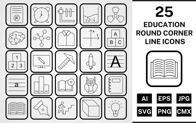 25 Set di icone nere di linea d&amp;#39;angolo tondo di educazione