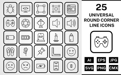 25 Set di icone nere universali con angoli arrotondati