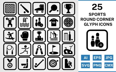 25 sport en spel ronde hoek Glyph Black Icon Set