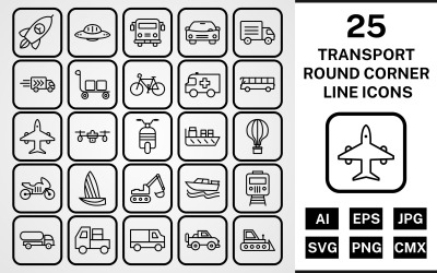 25 transporte redondo esquina línea negro conjunto de iconos