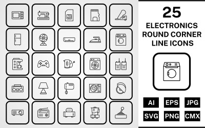 25 urządzeń elektronicznych Okrągły narożnik linii czarny zestaw ikon