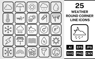25 Weather Round Corner Line Black Icon Set