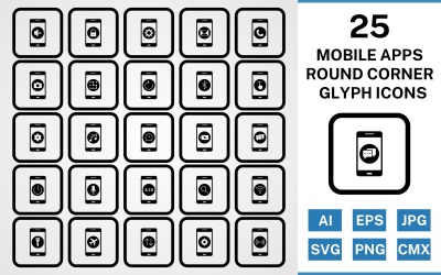 25 Aplikacje mobilne Okrągły narożnik Glif Czarny zestaw ikon