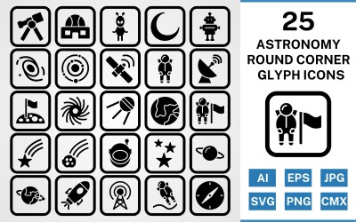 25 Astronomie Runde Ecke Glyphe Schwarz Icon Set