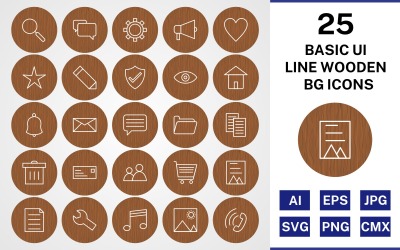 25 Basic UI Line BG Icon Set aus Holz