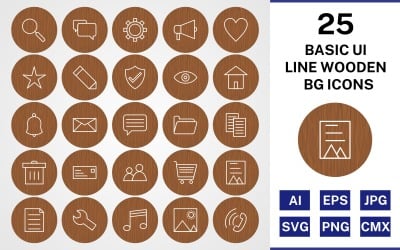 25 Basic ui Line Wooden BG Icon Set