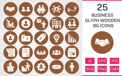 25 Business Glyph Wooden BG Icon Set