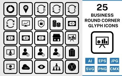25 Business Round Corner Glyphe Schwarz Icon Set