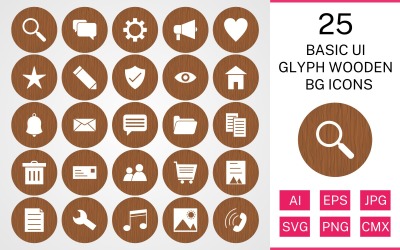 25 Conjunto de ícones básicos de Glyph de madeira BG de ui