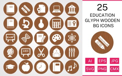 25 Conjunto de ícones de BG de madeira glifo educacional