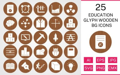 25 Conjunto de ícones de BG de madeira glifo educacional
