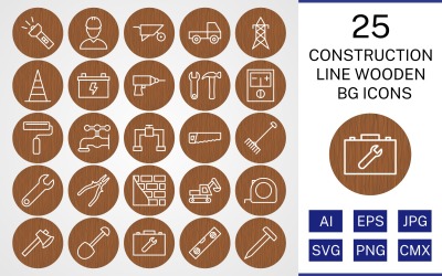 25 Conjunto de ícones de BG de madeira para linha de construção