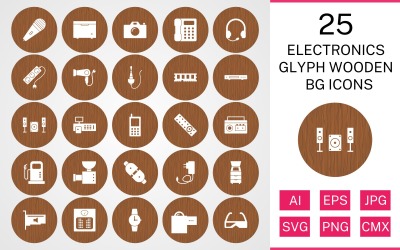 Conjunto de ícones de Glyph de madeira BG de 25 dispositivos eletrônicos