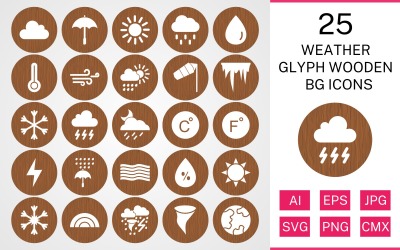 25 Conjunto de ícones do Weather Glyph de madeira BG