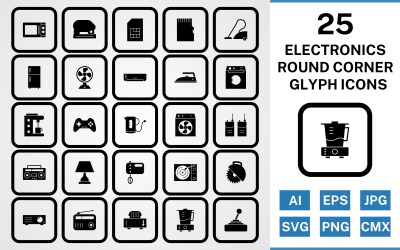 Conjunto de ícones pretos de glifo de canto redondo de 25 dispositivos eletrônicos