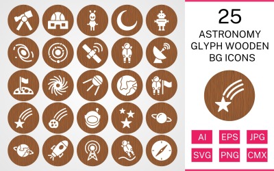 25 conjunto de iconos de BG de madera de glifo de astronomía