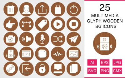25 conjunto de iconos de BG de madera de glifo multimedia