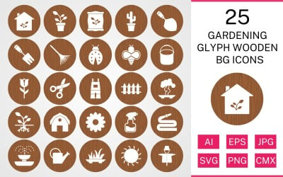 Conjunto de iconos de madera BG de glifo de jardinería 25