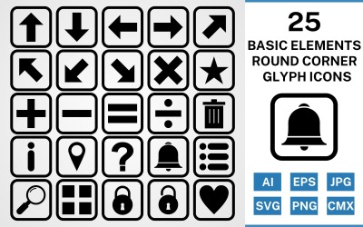 Conjunto de iconos negros de glifo de esquina redonda de 25 elementos básicos