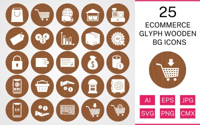 25 e-commerce Glyph drewniany zestaw ikon BG