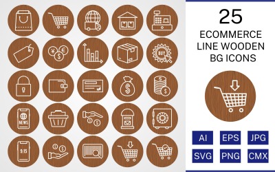 25 e-handelslinje trä BG-ikonuppsättning