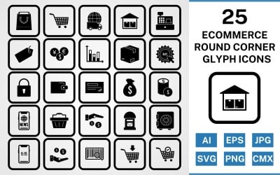 25 E-ticaret Yuvarlak Köşe Glif Siyah Simge Seti