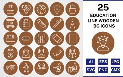 25 Education Line Wooden BG Icon Set