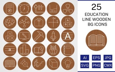 25 Education Line Wooden BG Icon Set