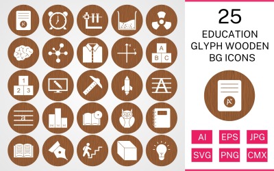 25 Eğitim Glif Ahşap Bg Icon Set