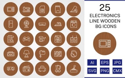 25 Electronic Devices Line Wooden BG Icon Set