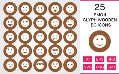 25 Emoji Glyph Wooden BG Icon Set