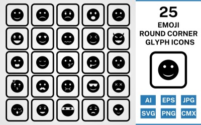 25 Emoji ronde hoek Glyph Black Icon Set