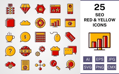 25 Ensemble d&amp;#39;icônes rouge et jaune rempli de référencement