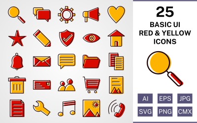 25 Grundlegendes ui gefülltes rotes und gelbes Symbolset