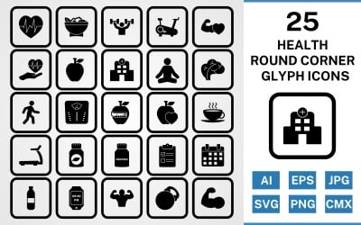 25 Health Round Corner Glyph Black Icon Set