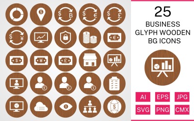 25 İş Glif Ahşap Bg Icon Set