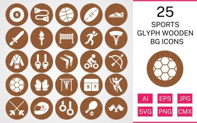 Jeu d&amp;#39;icônes BG en bois de glyphe 25 sports et jeux