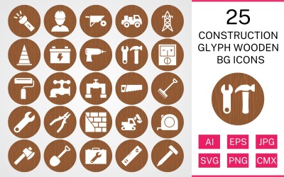 25 Jeu d&amp;#39;icônes BG en bois de glyphe de construction
