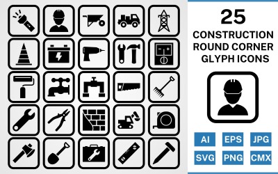 25 konstruktion runda hörn glyph svart Ikonuppsättning