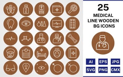25 Medical Line Wooden BG Icon Set