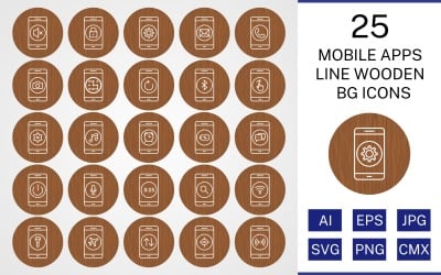 25 mobilnych aplikacji linii drewniany zestaw ikon bg